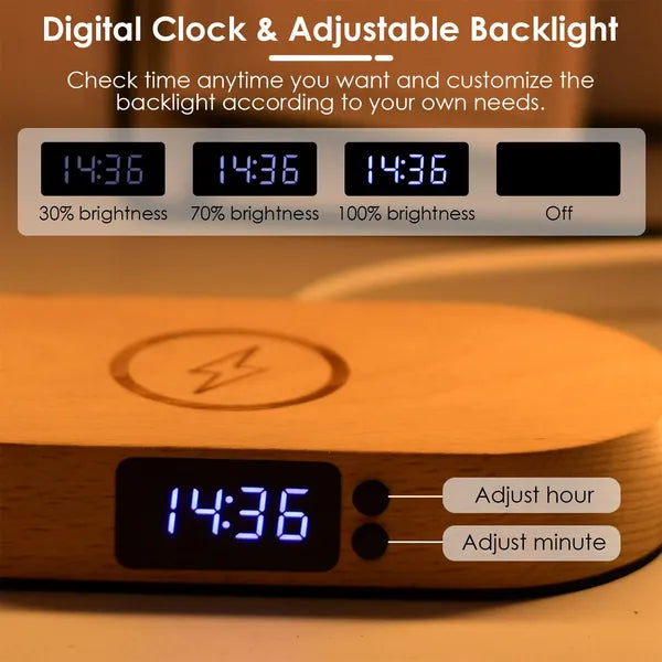 Bedside Table Lamp With Clock & Wireless Charging Dock