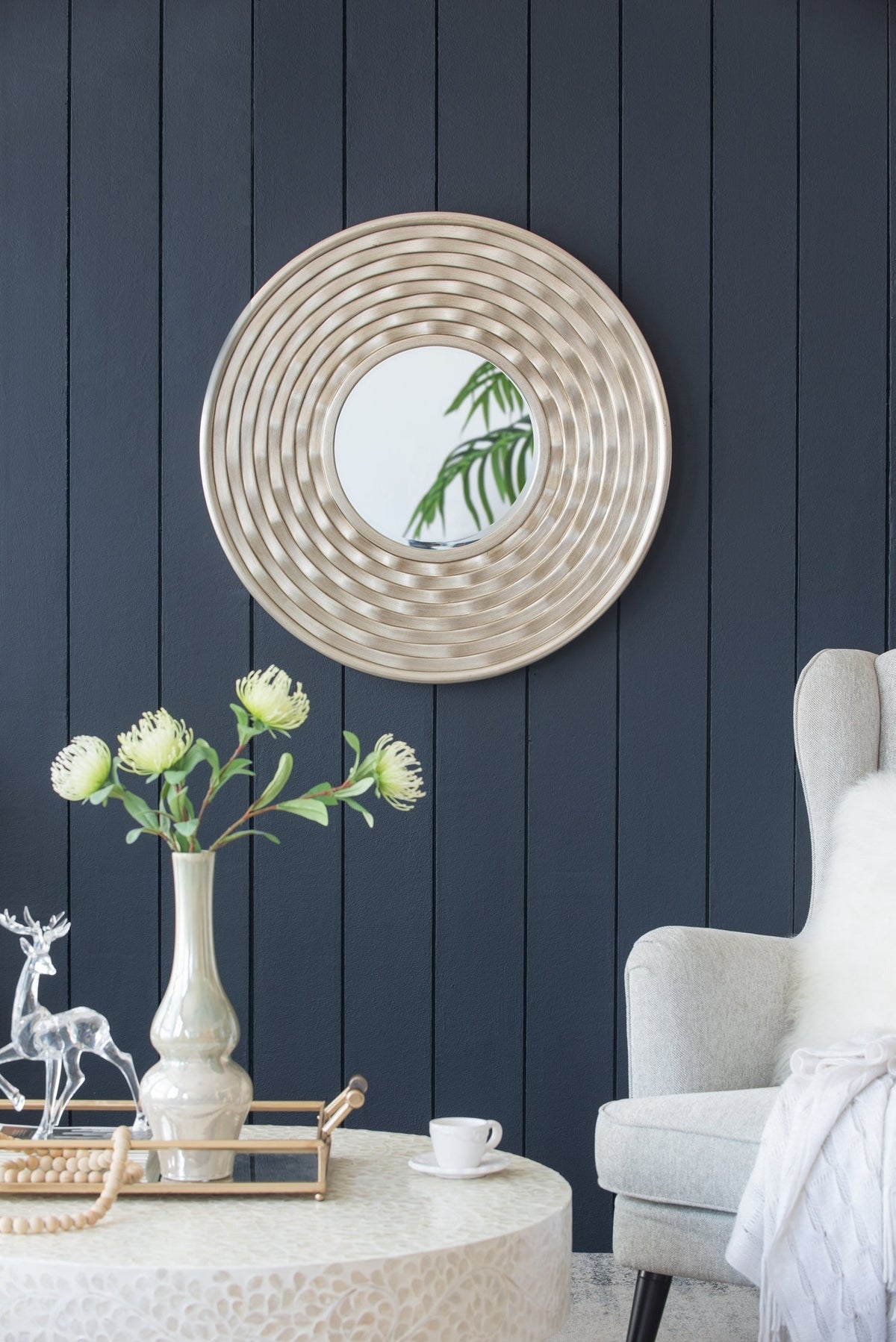 Round Sculpted Silver Wall Mirror with Beveled Glass