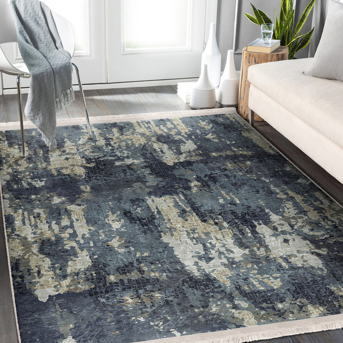 Blue Vintage Style Washable Area Rug