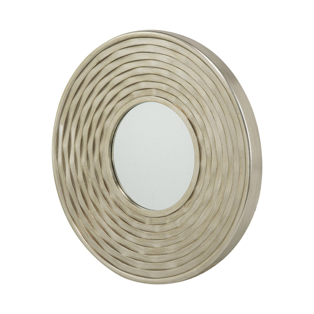 Round Sculpted Silver Wall Mirror with Beveled Glass