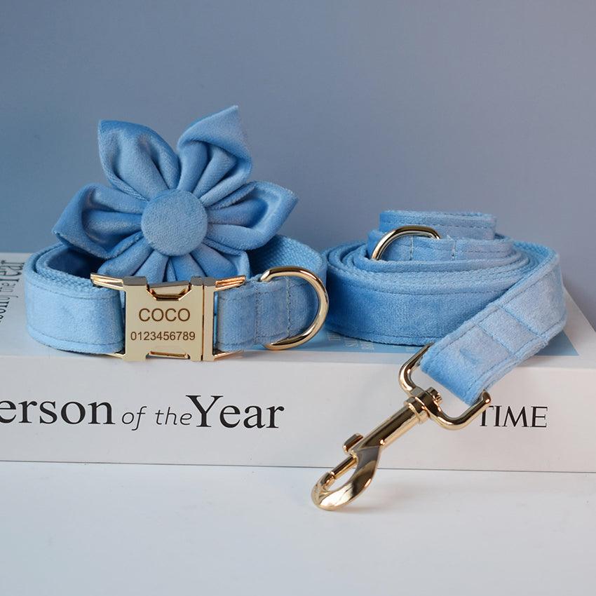 Luxury Blue Velvet Dog Collar And Leash Set