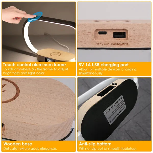 Bedside Table Lamp With Clock & Wireless Charging Dock