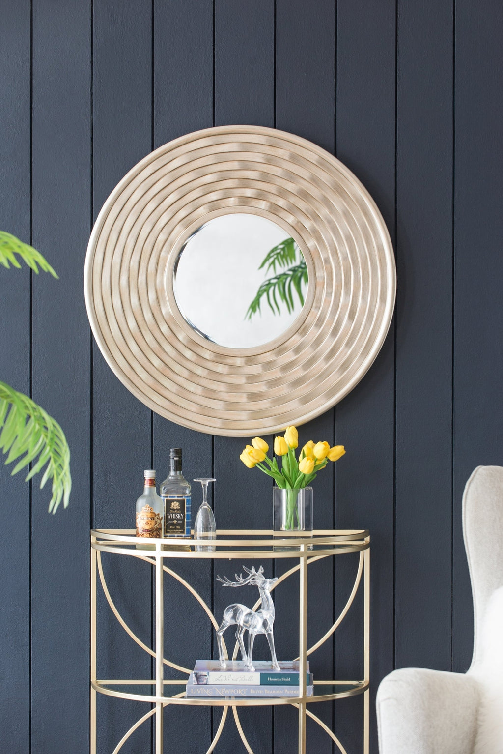 Round Sculpted Silver Wall Mirror with Beveled Glass
