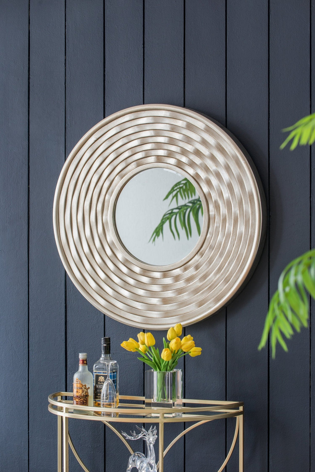 Round Sculpted Silver Wall Mirror with Beveled Glass