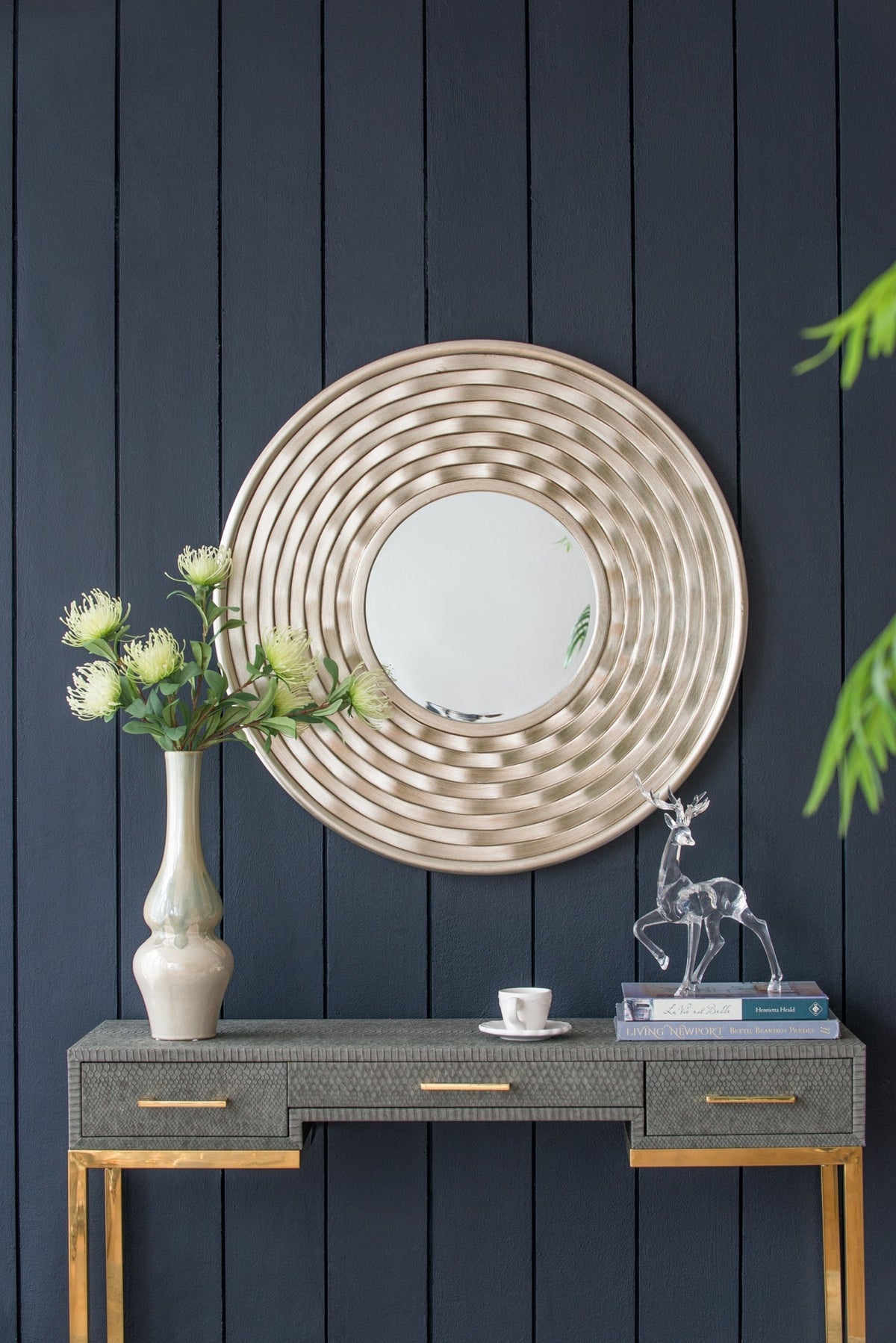 Round Sculpted Silver Wall Mirror with Beveled Glass