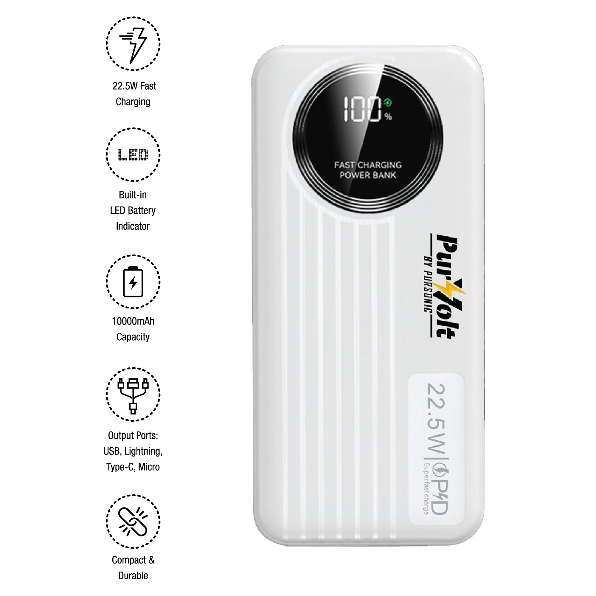 Pursonic LED Fast Charging Power Bank – Built-in Cables