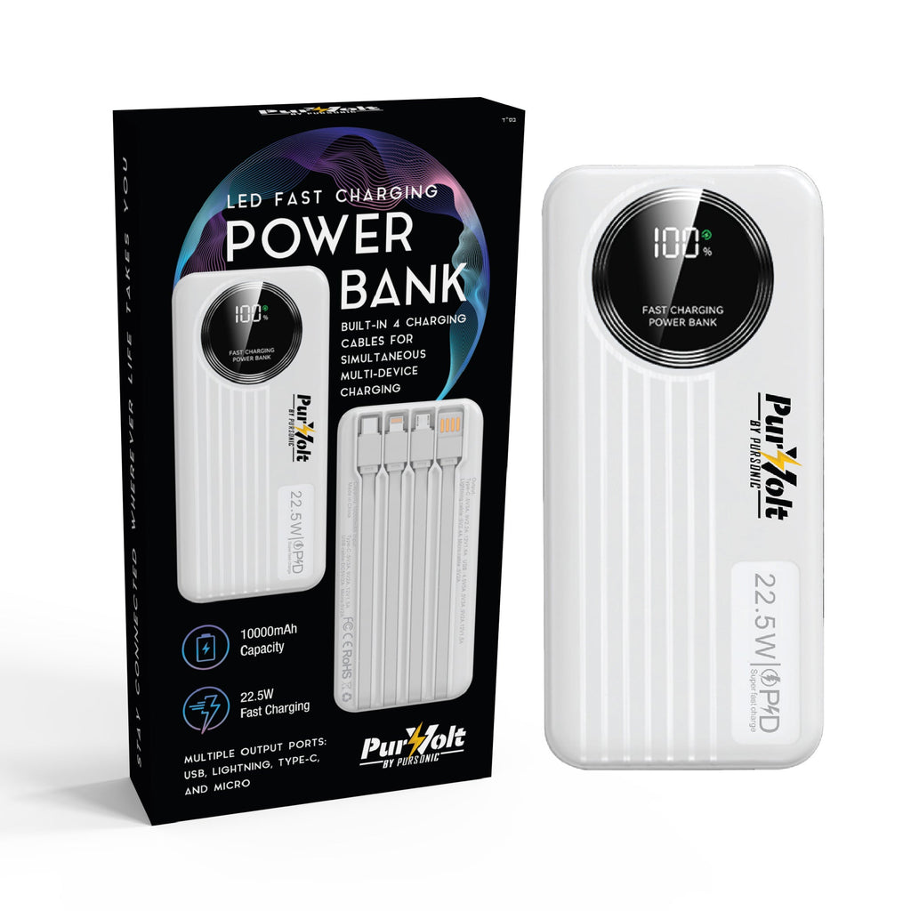 Pursonic LED Fast Charging Power Bank – Built-in Cables
