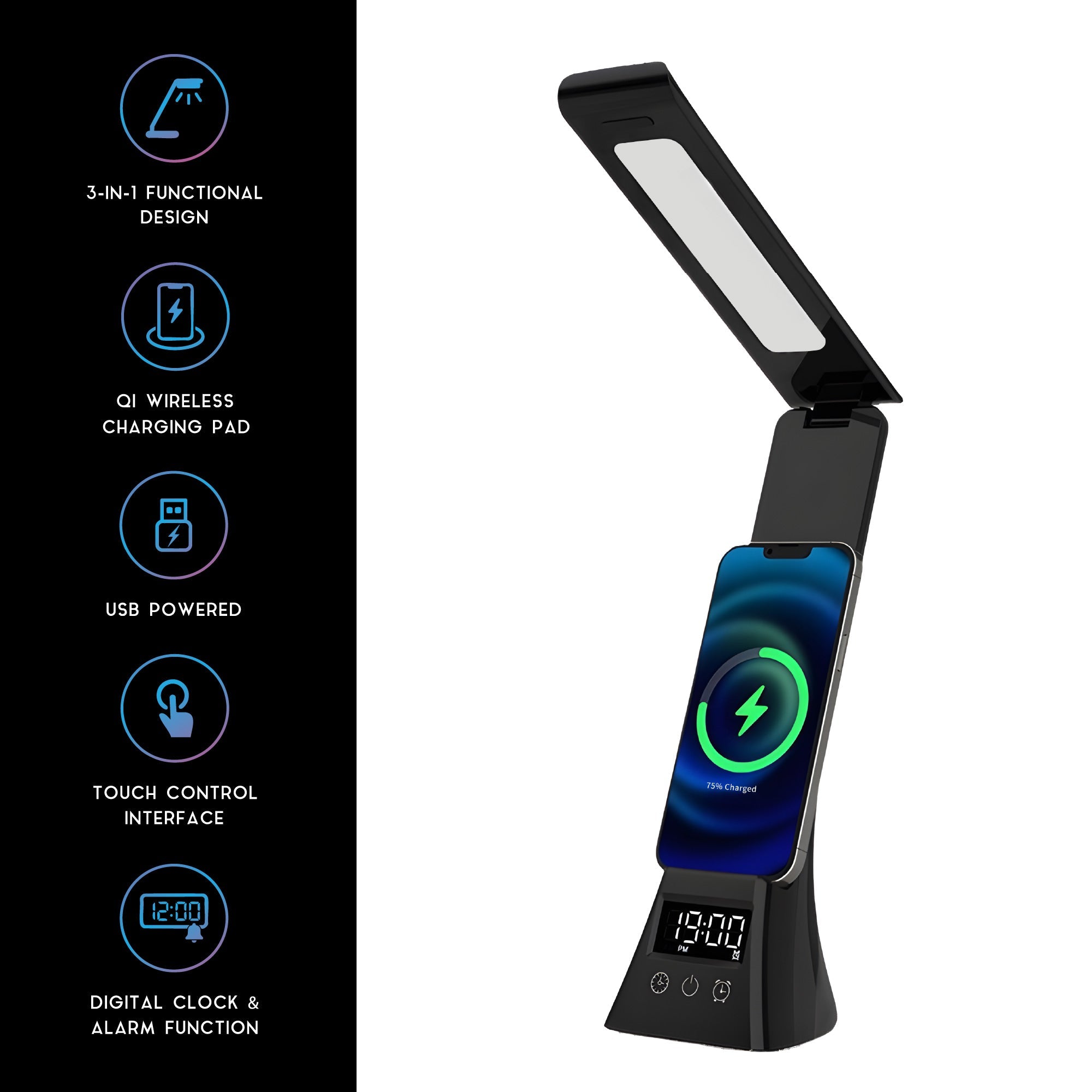 3-in-1 LED Desk Lamp with Wireless Charger and Alarm Clock