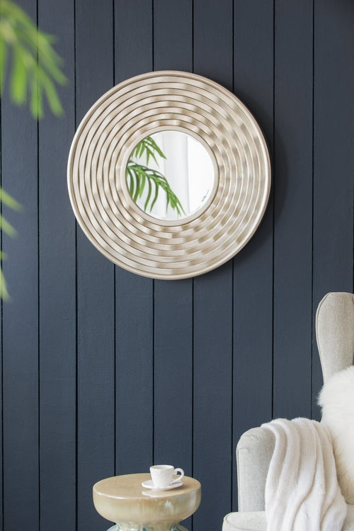 Round Sculpted Silver Wall Mirror with Beveled Glass
