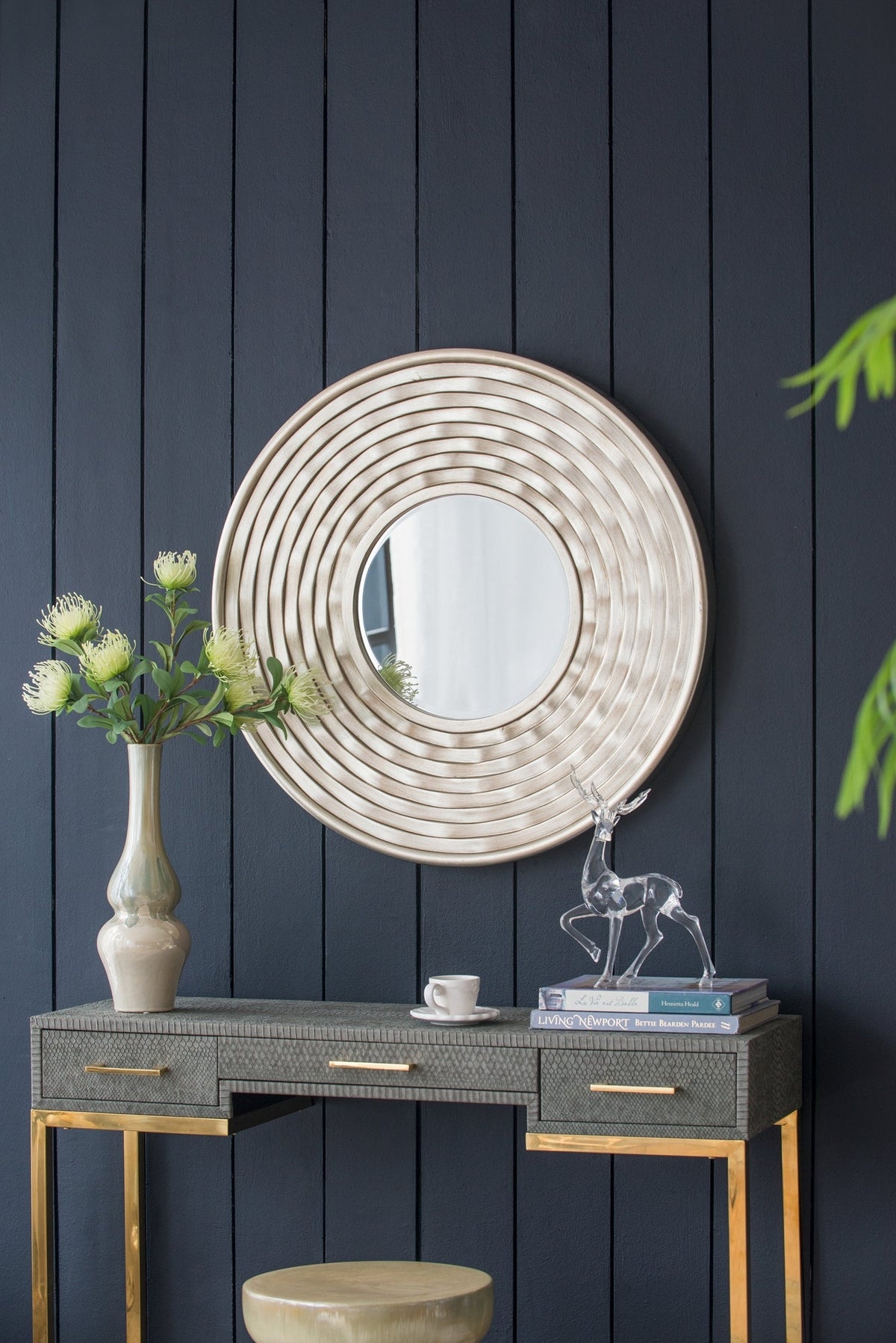 Round Sculpted Silver Wall Mirror with Beveled Glass