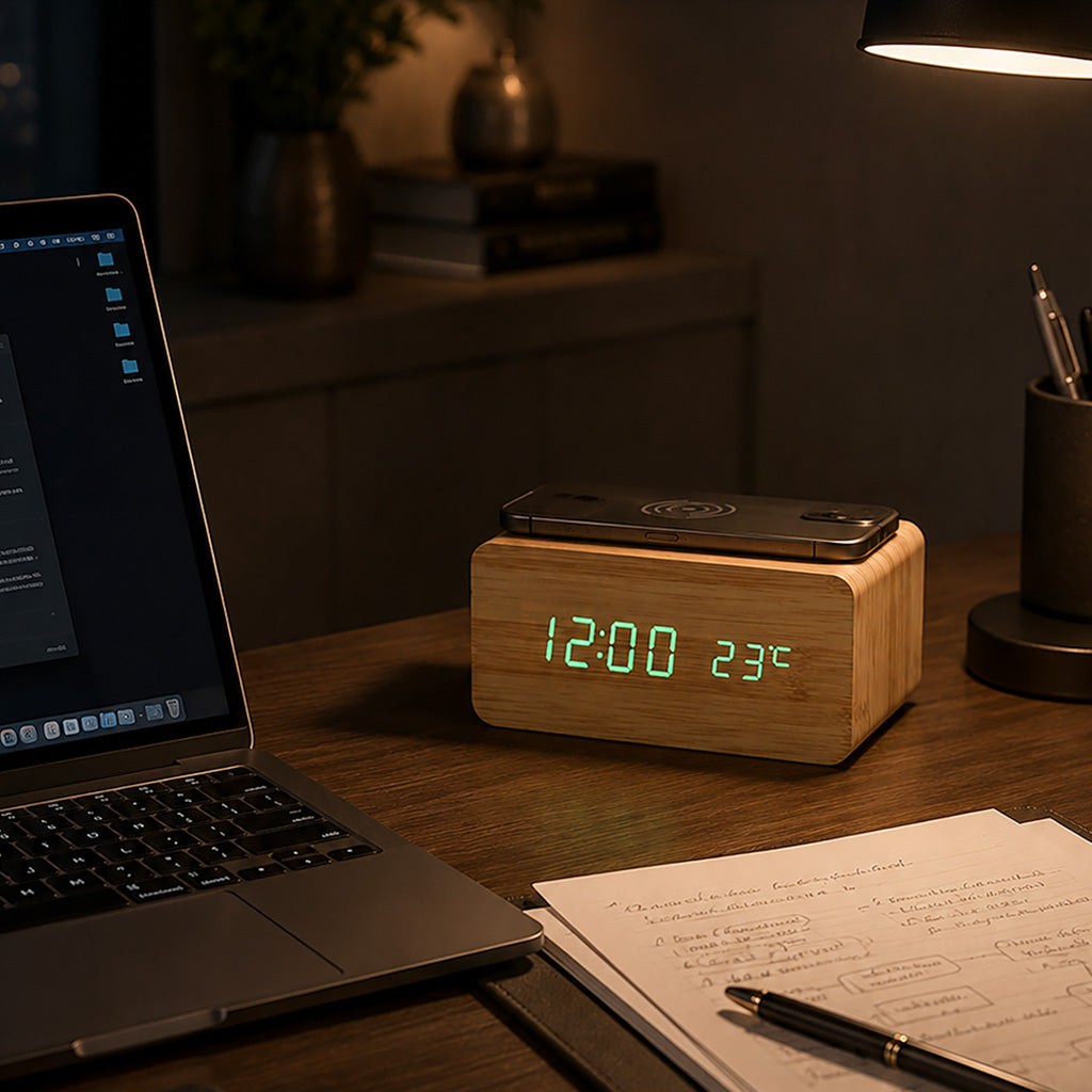 Bamboo Wireless Phone Charger/Digital Clock