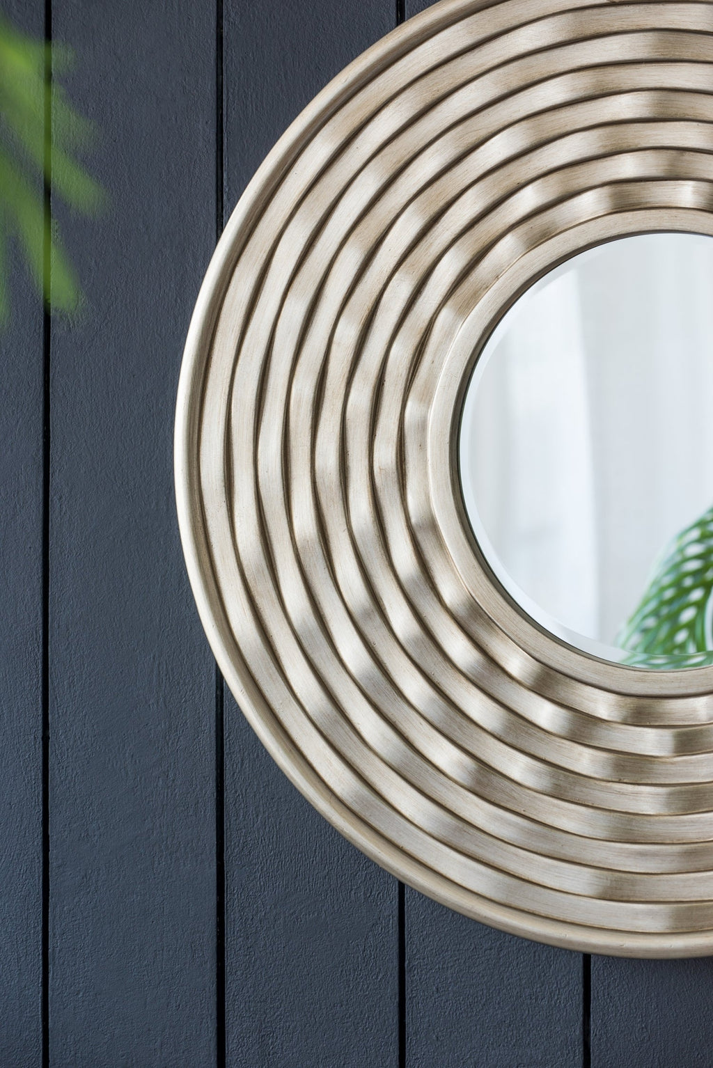 Round Sculpted Silver Wall Mirror with Beveled Glass