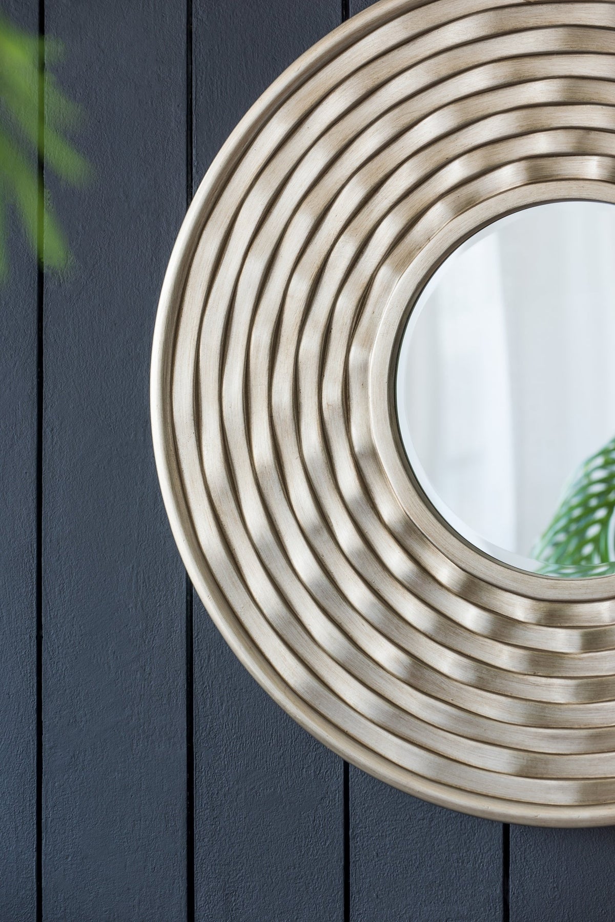 Round Sculpted Silver Wall Mirror with Beveled Glass