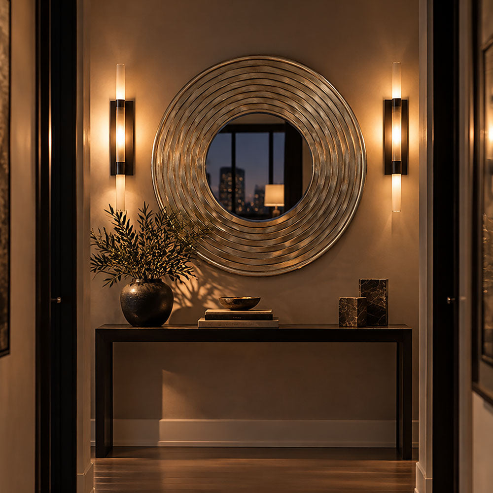 Round Sculpted Silver Wall Mirror with Beveled Glass