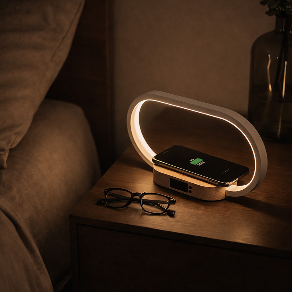 Bedside Table Lamp With Clock & Wireless Charging Dock