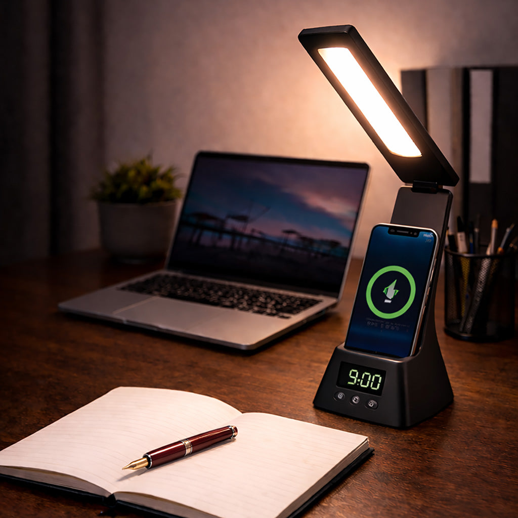 3-in-1 LED Desk Lamp with Wireless Charger and Alarm Clock
